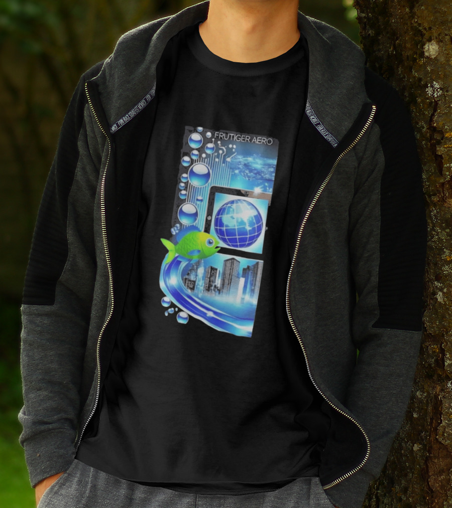 Frutiger Aero Y2K Global Tech Cityscape With Digital Fish And Blue T-Shirt