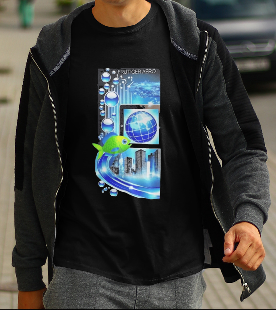 Frutiger Aero Y2K Global Tech Cityscape With Digital Fish And Blue T-Shirt