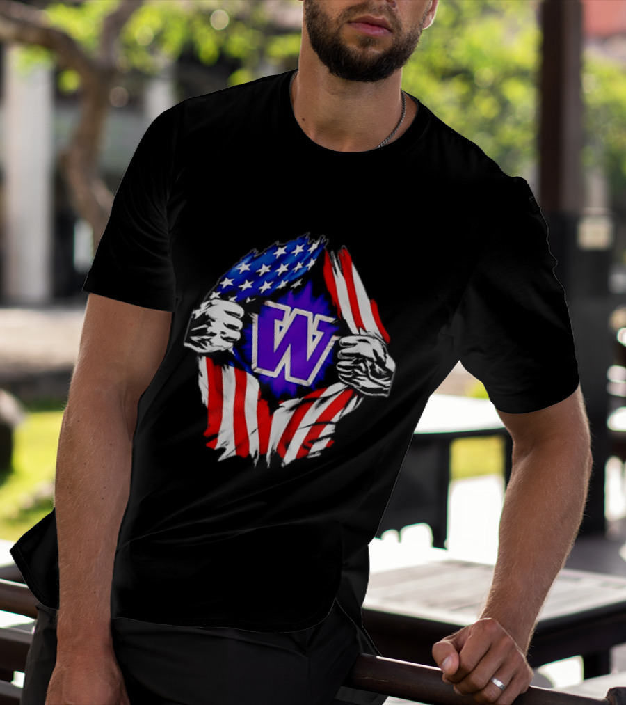 Washington Huskies W Logo American Flag Ripped Chest T-Shirt