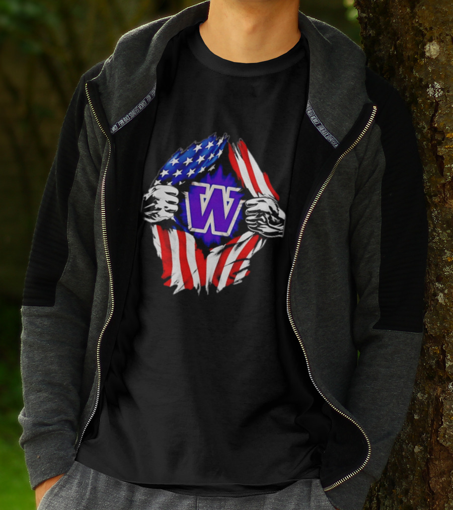 Washington Huskies W Logo American Flag Ripped Chest T-Shirt