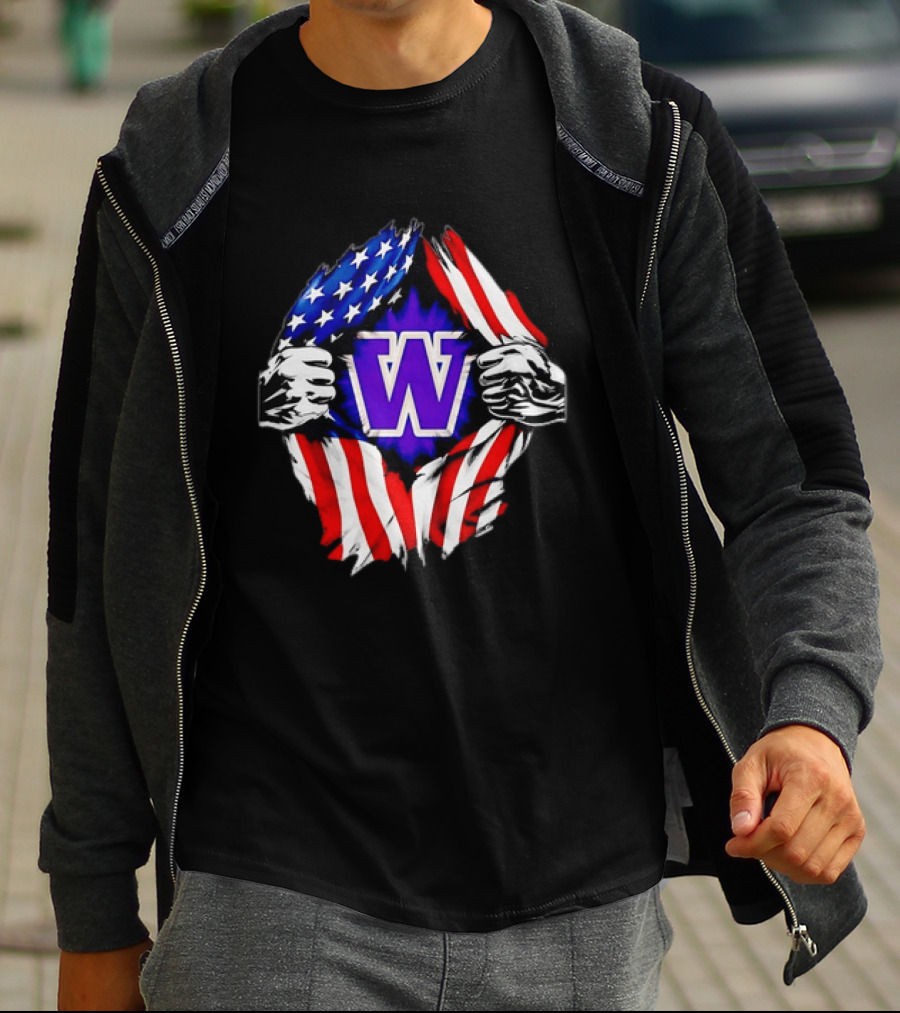 Washington Huskies W Logo American Flag Ripped Chest T-Shirt