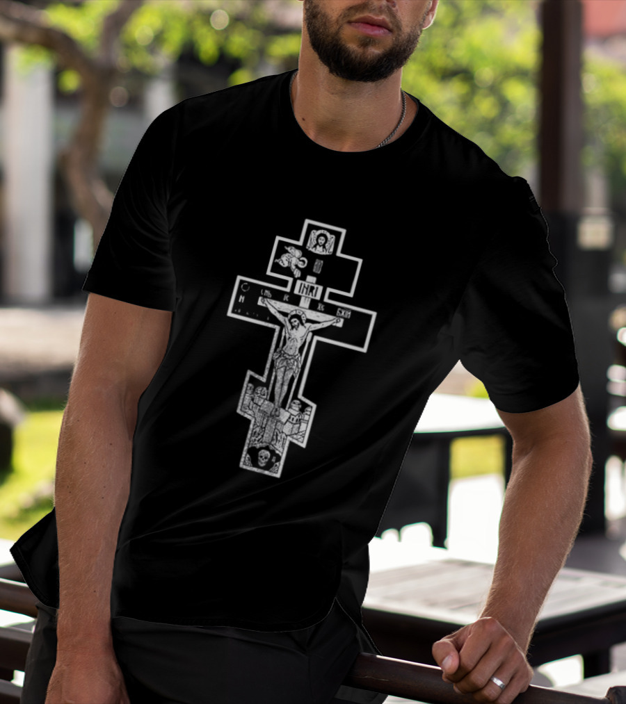 Jesus Christ INRI Crucifixion Symbol With Religious Icons And Figures T-Shirt