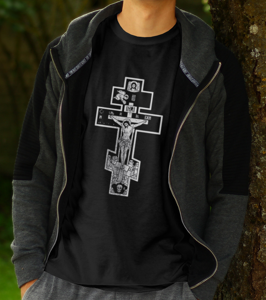 Jesus Christ INRI Crucifixion Symbol With Religious Icons And Figures T-Shirt