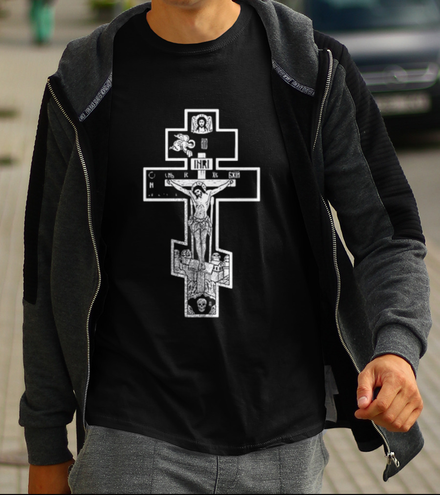 Jesus Christ INRI Crucifixion Symbol With Religious Icons And Figures T-Shirt