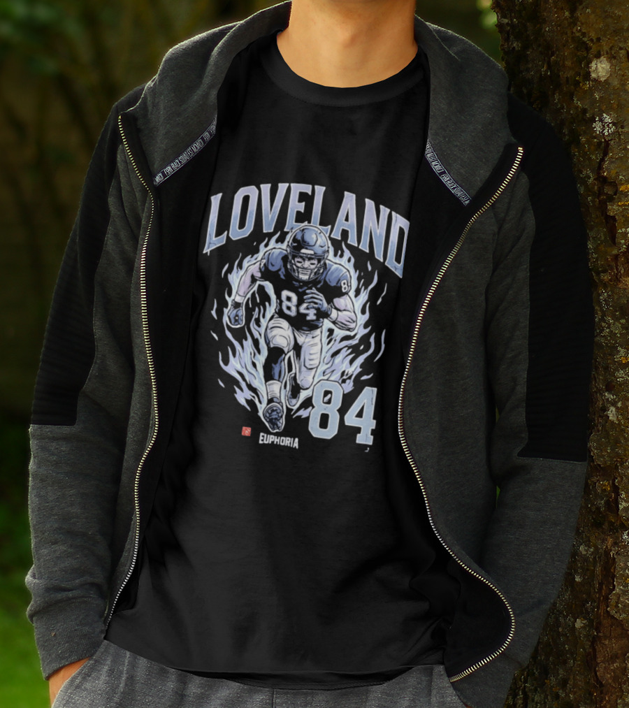 Loveland 84 Euphoria Football Player Blue Flames Athletic T-Shirt