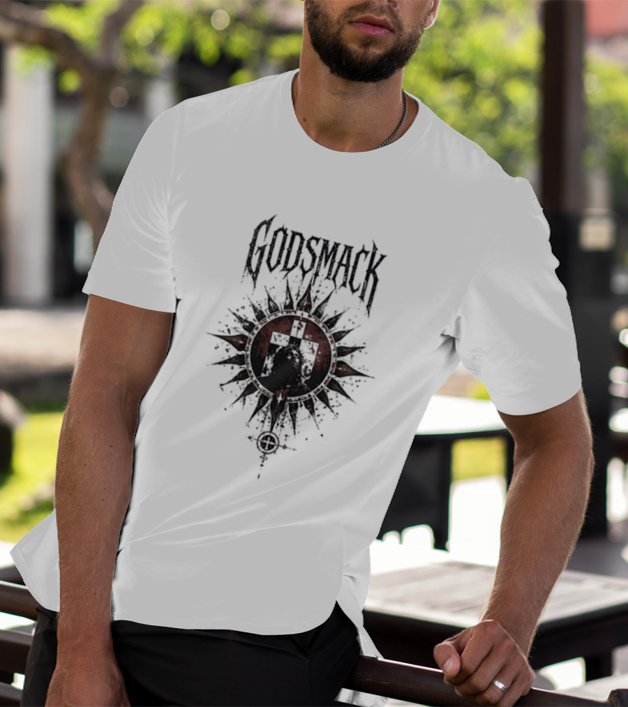 Godsmack X Jesus I Stand Before God Not Perfect Just Forgiven Christian Rock Cross Sun T-Shirt