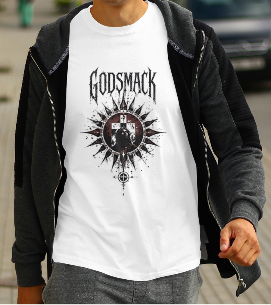 Godsmack X Jesus I Stand Before God Not Perfect Just Forgiven Christian Rock Cross Sun T-Shirt