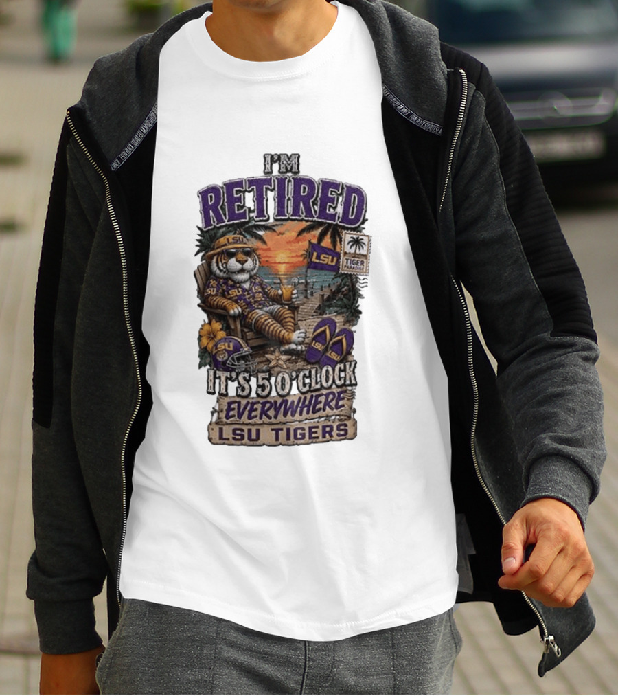 LSU Tigers I'm Retired It's 5 O' Everywhere Beach Relaxation With Palm Trees And Sunset T-Shirt