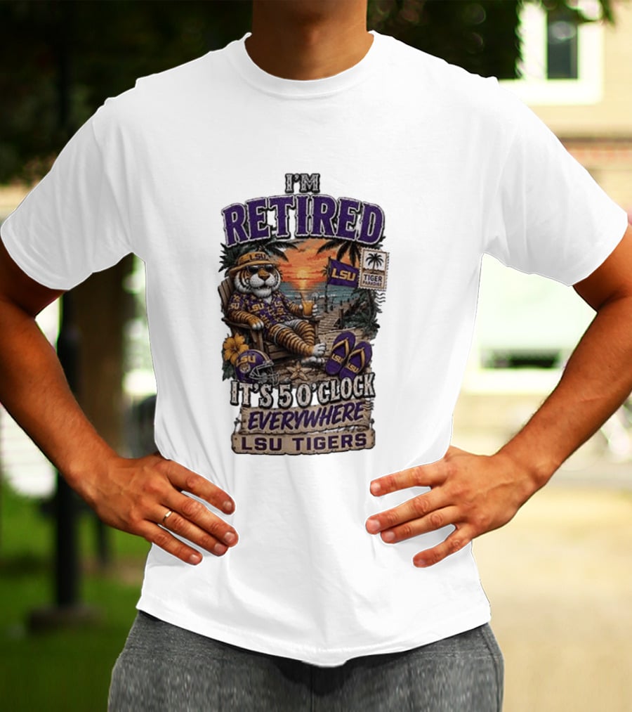 LSU Tigers I'm Retired It's 5 O' Everywhere Beach Relaxation With Palm Trees And Sunset T-Shirt