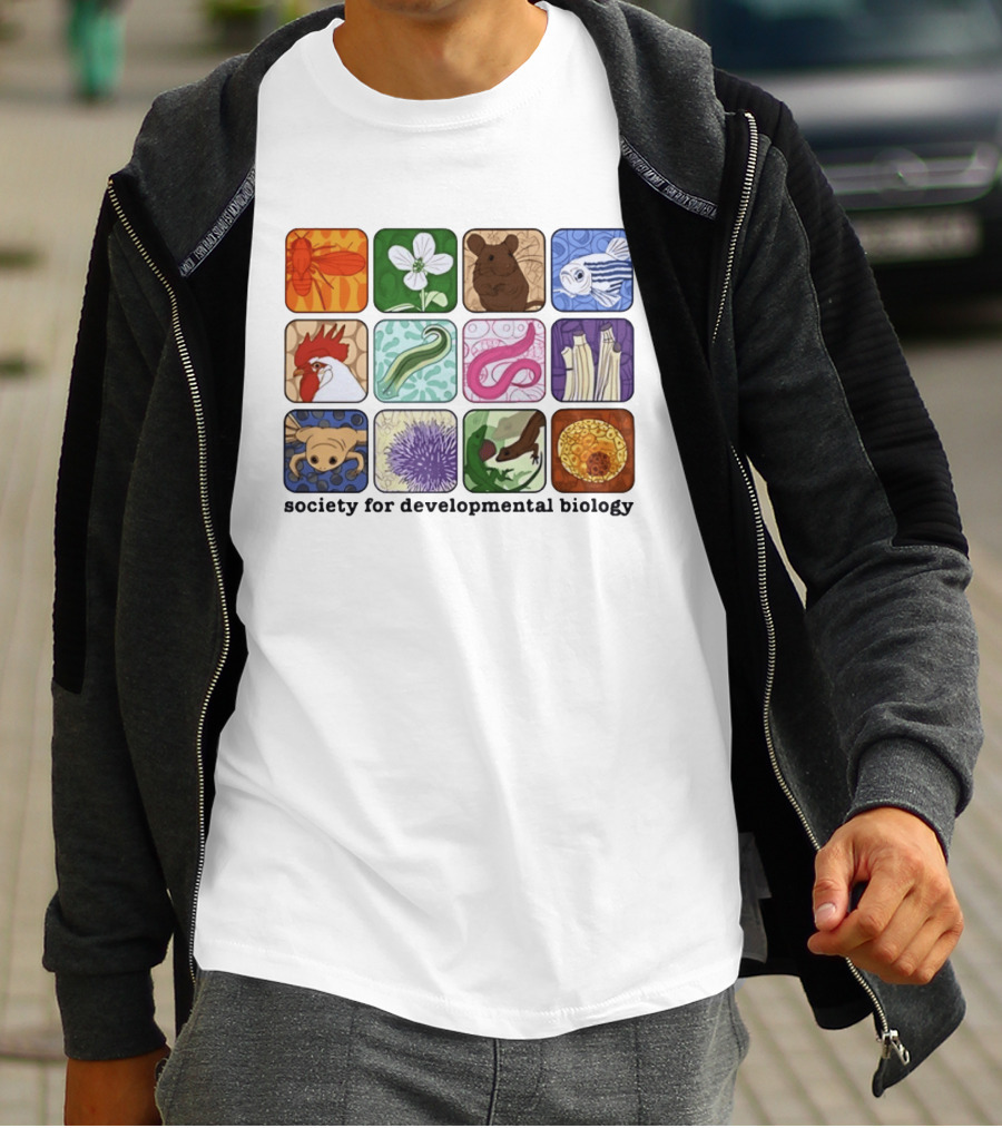 Society For Developmental Biology Model Organisms Collage Fly Plant Mouse Fish Chicken Worm Frog Plant Embryo Egg Cell T-Shirt