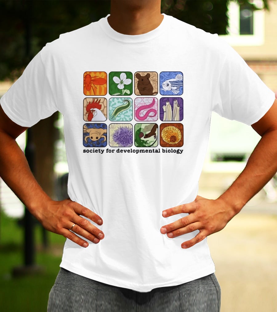 Society For Developmental Biology Model Organisms Collage Fly Plant Mouse Fish Chicken Worm Frog Plant Embryo Egg Cell T-Shirt