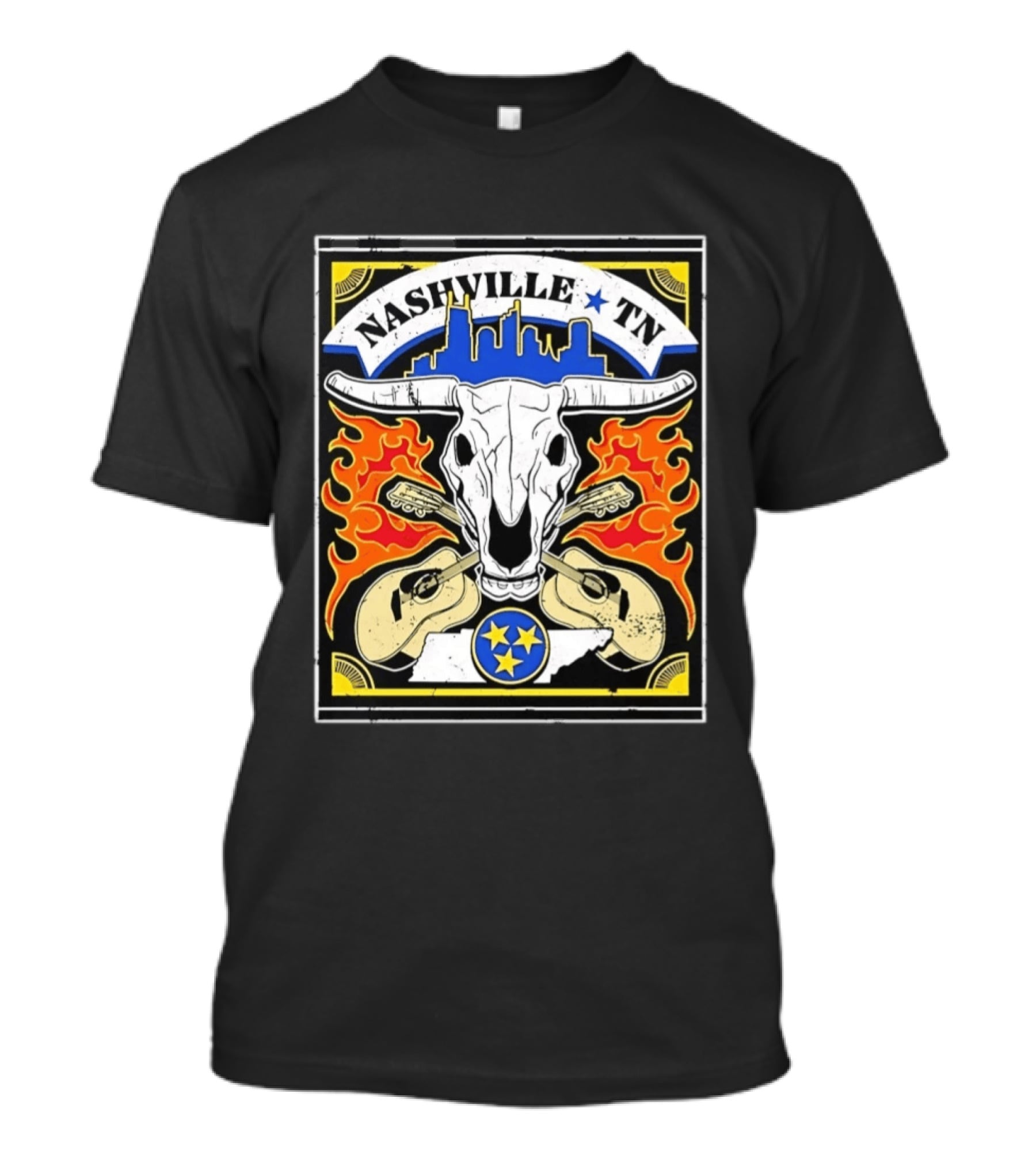 Nashville TN Cow Skull Guitars Flames Skyline Blue Star T-Shirt
