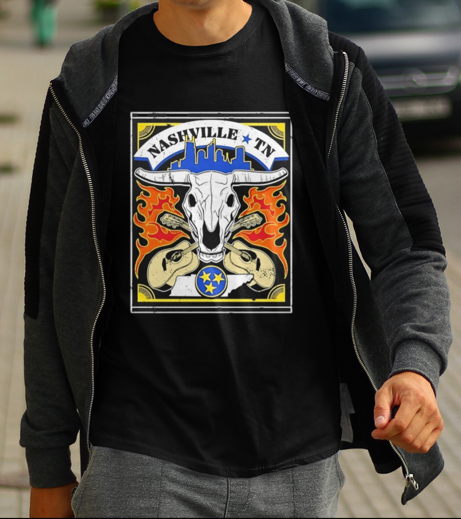 Nashville TN Cow Skull Guitars Flames Skyline Blue Star T-Shirt