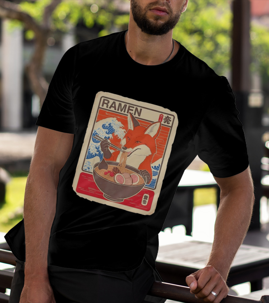 Fox Eating Ramen With Japanese Wave T-Shirt