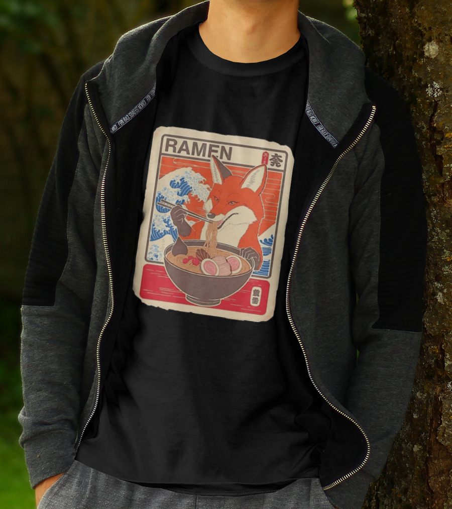Fox Eating Ramen With Japanese Wave T-Shirt