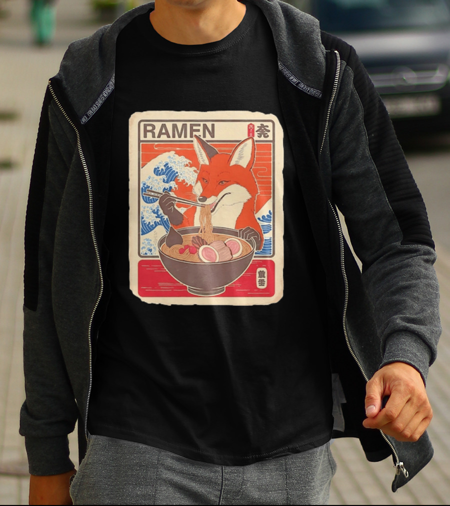 Fox Eating Ramen With Japanese Wave T-Shirt