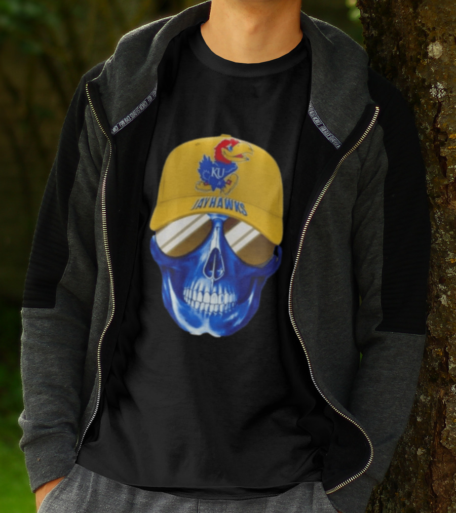 Kansas Jayhawks Skull Cap Fans Wear KU Jayhawks Edition T-Shirt