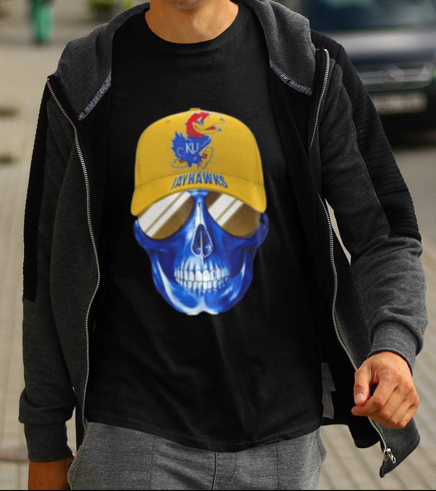 Kansas Jayhawks Skull Cap Fans Wear KU Jayhawks Edition T-Shirt