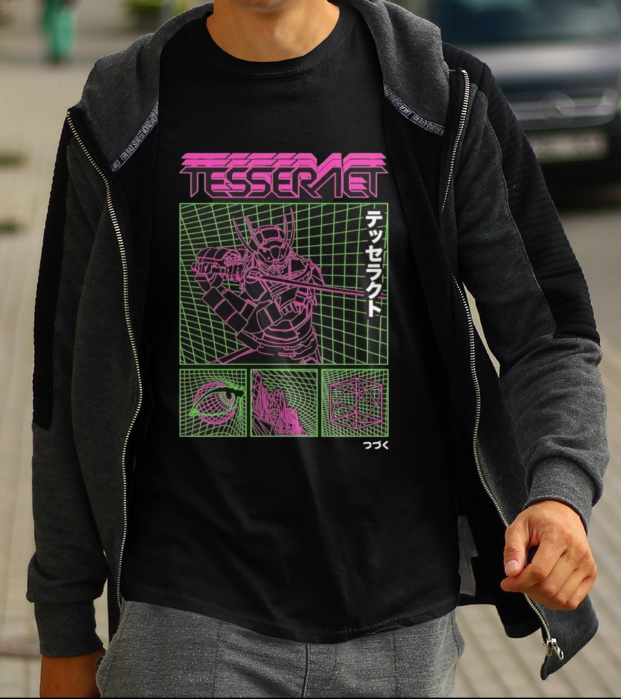 TesseracT Samurai Synthwave Cyberpunk Japanese Text Retro Neon Aesthetic T-Shirt