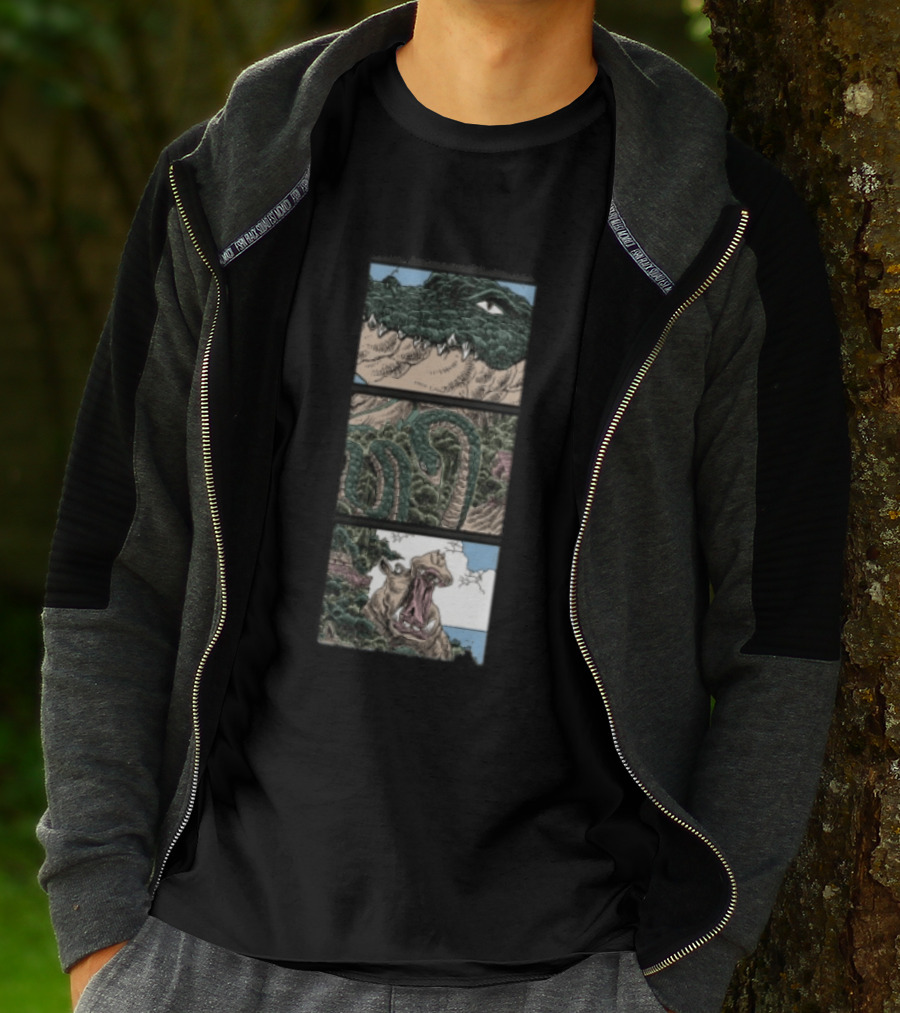 The Longest Johns Store Ends Of The Earth UK Tour Black Crocodile And Dinosaur Comic Strip T-Shirt