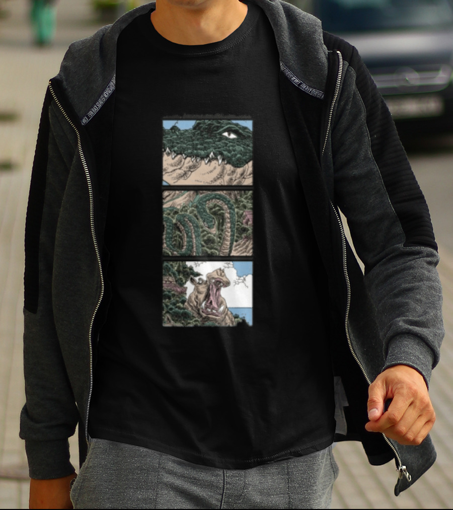 The Longest Johns Store Ends Of The Earth UK Tour Black Crocodile And Dinosaur Comic Strip T-Shirt