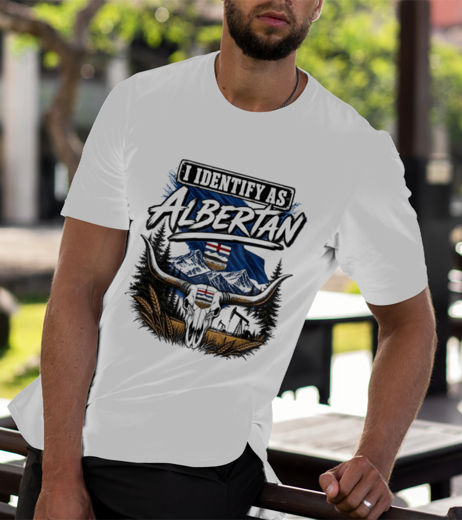 I Identify As Albertan Alberta Flag Longhorn Skull Wheat Forest Scene T-Shirt