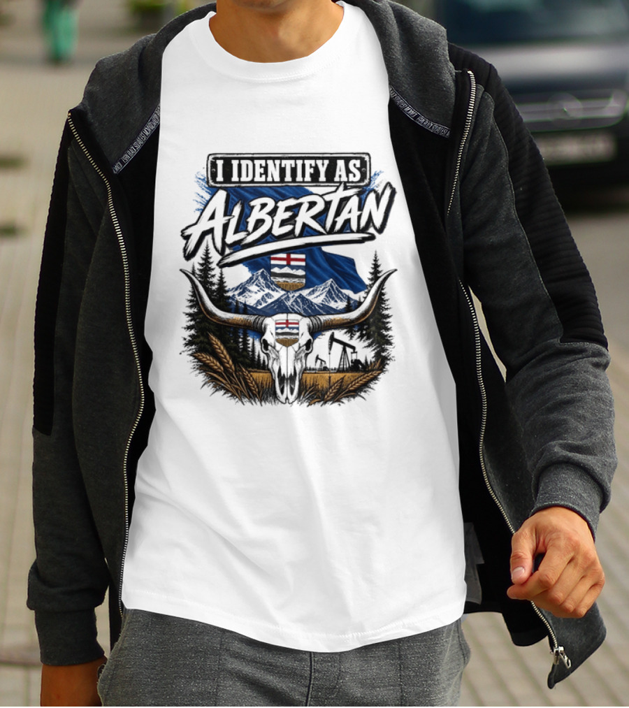 I Identify As Albertan Alberta Flag Longhorn Skull Wheat Forest Scene T-Shirt