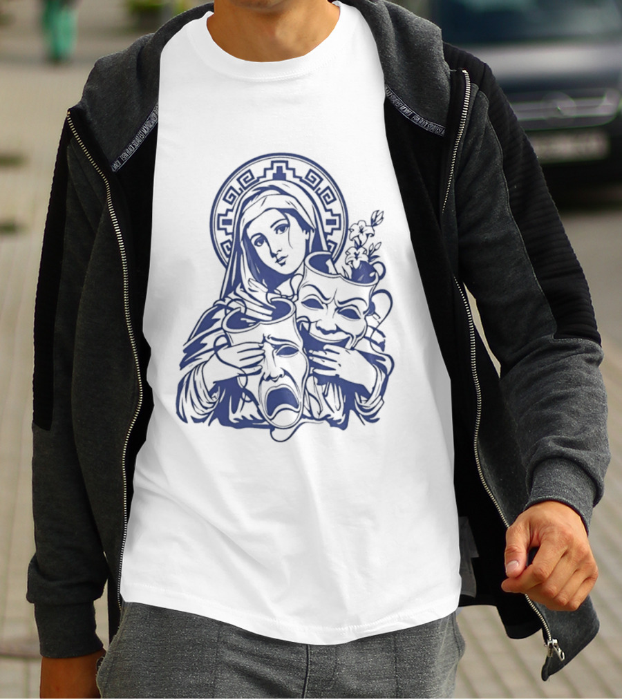Virgin Mary Pray For Us Cry Now Laugh Later Drama Mask Tattoo T-Shirt