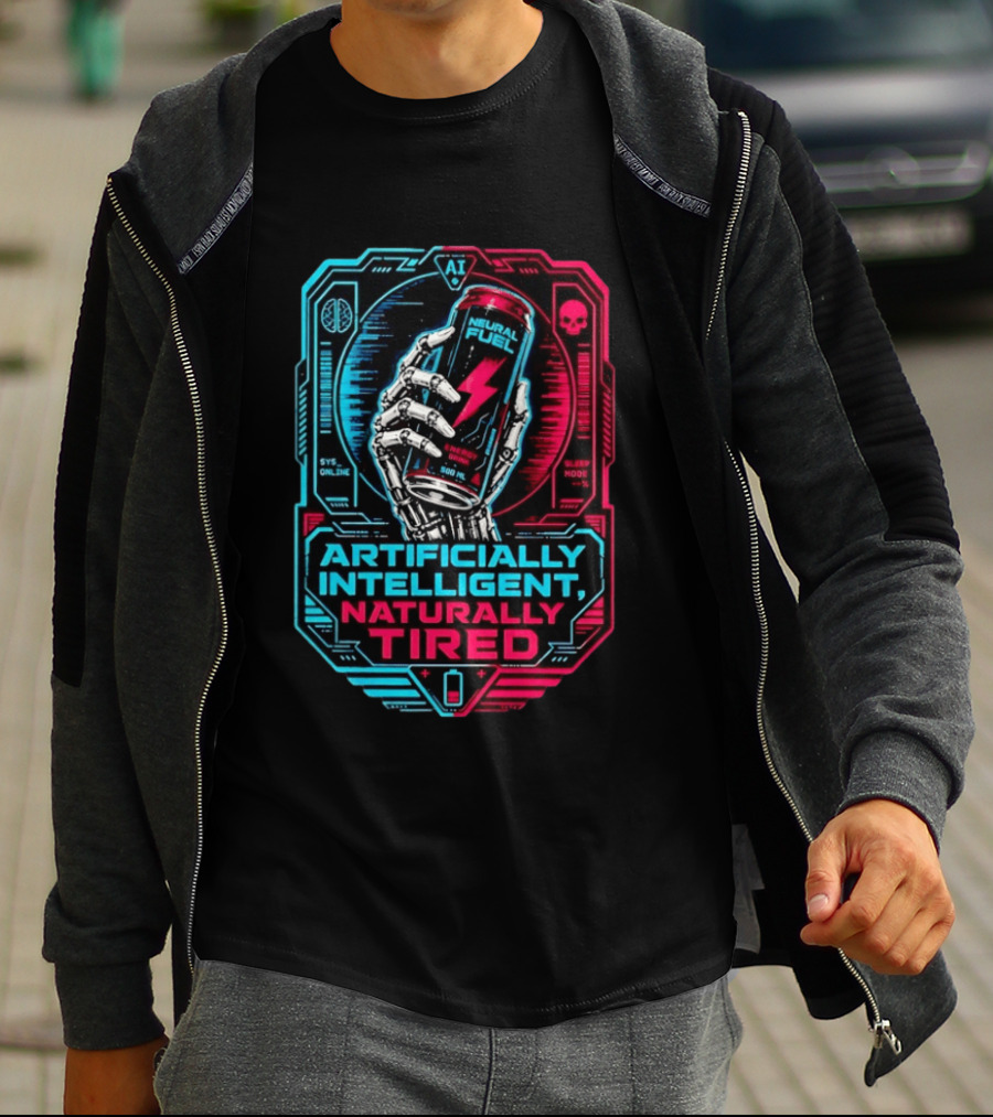 Neural Fuel Cyborg Hand Energy Drink Artifically Intelligent Naturally Tired T-Shirt