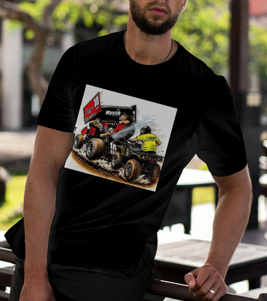 ATV Racing Action With Mystik Lubricants Dirt Track Riders Off Road Racing Vehicles And Hampel 65 Speed Shop T-Shirt