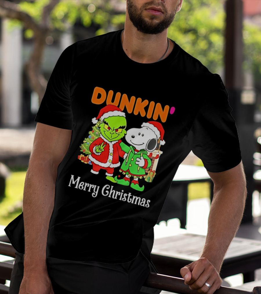 Dunkin Merry Christmas Grinch Snoopy Santas T-Shirt