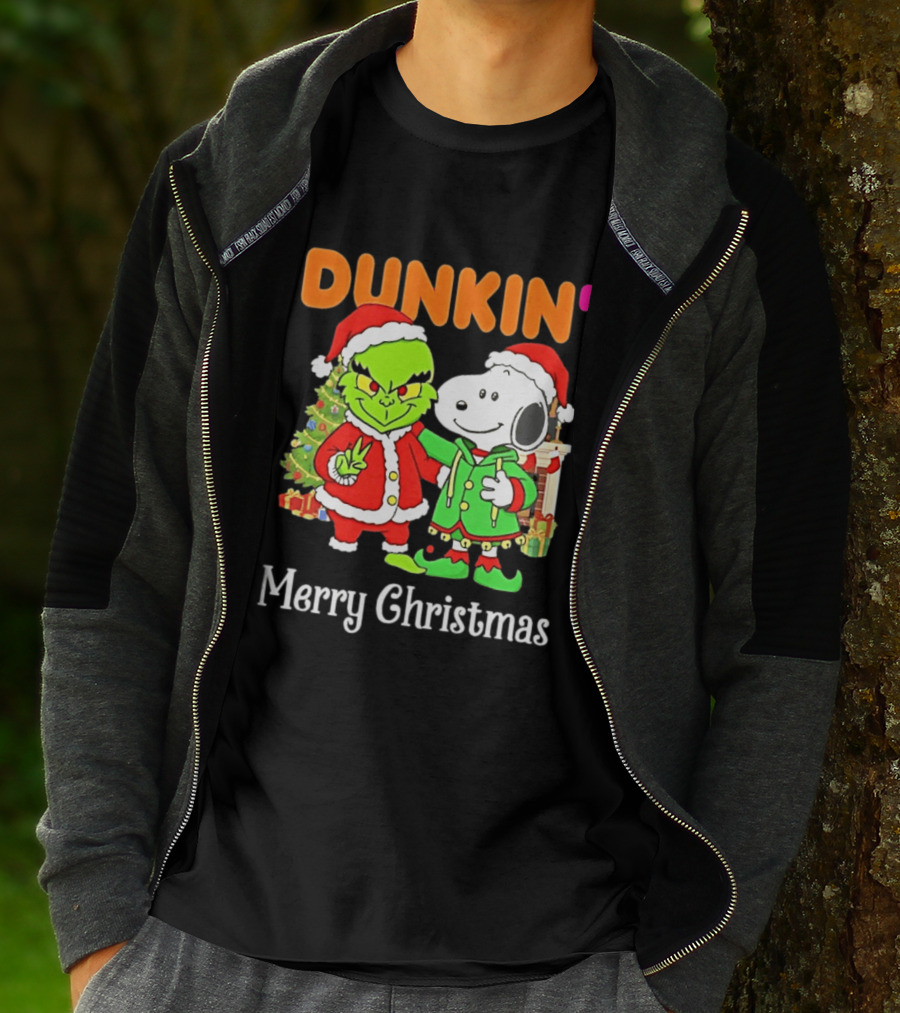 Dunkin Merry Christmas Grinch Snoopy Santas T-Shirt