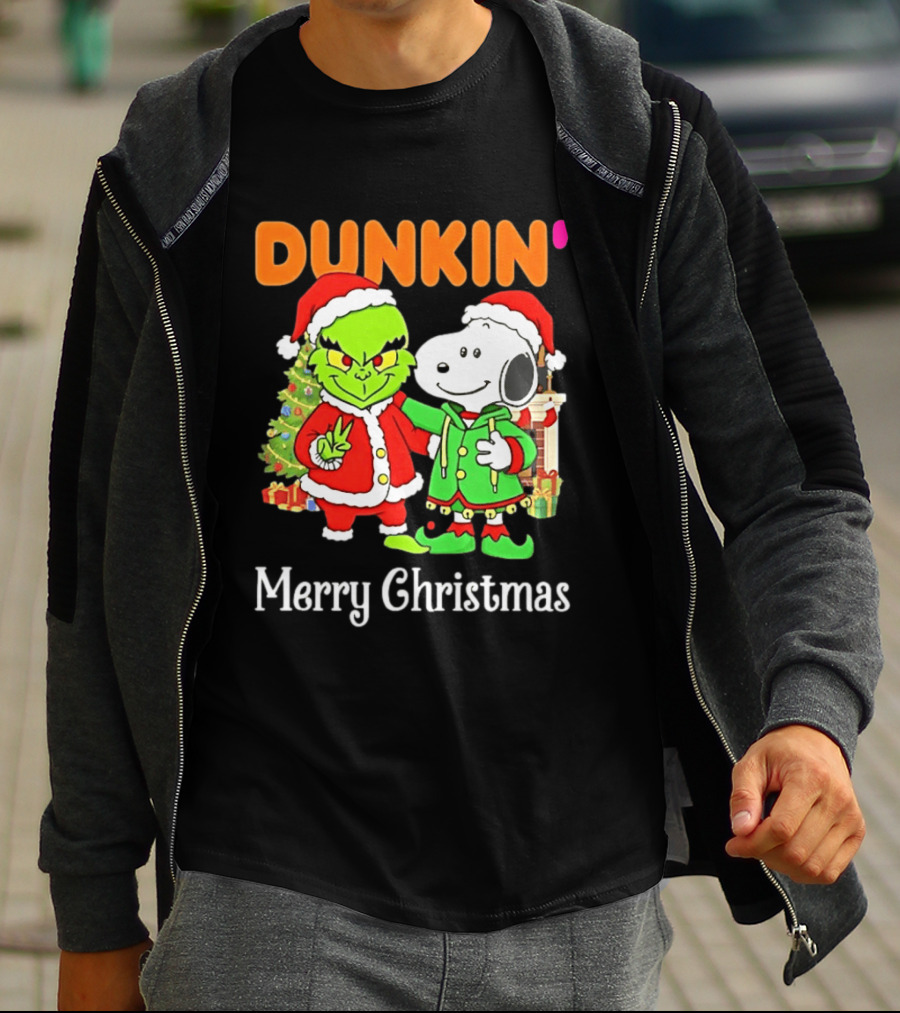Dunkin Merry Christmas Grinch Snoopy Santas T-Shirt
