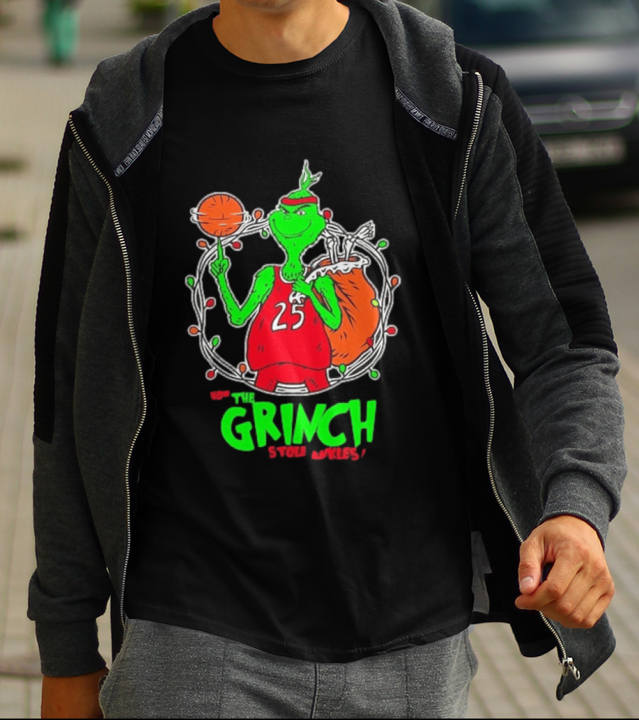 The Grinch Basketball Christmas Lights Jersey 25 Stole Ankles Green T-Shirt