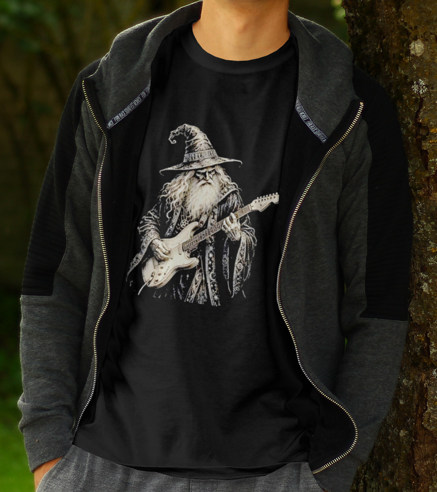 Wizard Playing Electric Guitar Fantasy Musician Magical Rock Legend T-Shirt