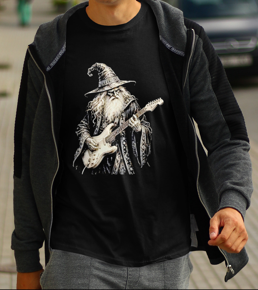 Wizard Playing Electric Guitar Fantasy Musician Magical Rock Legend T-Shirt
