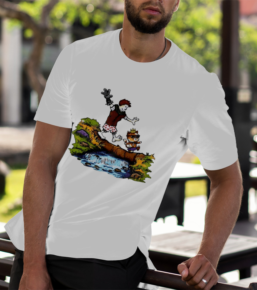 Boy And Crowned Cat Balancing On Log Over Stream T-Shirt