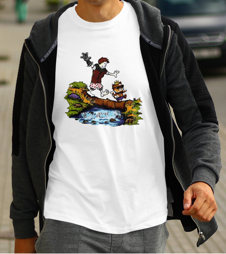 Boy And Crowned Cat Balancing On Log Over Stream T-Shirt