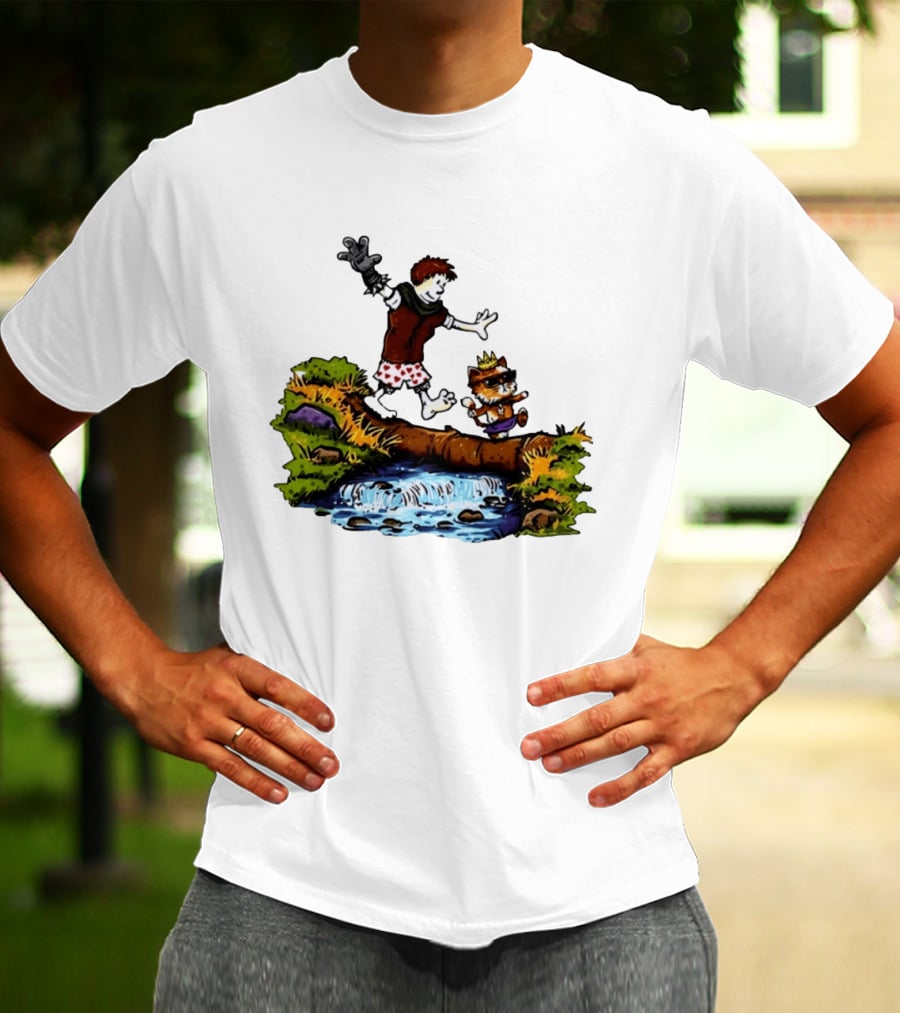 Boy And Crowned Cat Balancing On Log Over Stream T-Shirt
