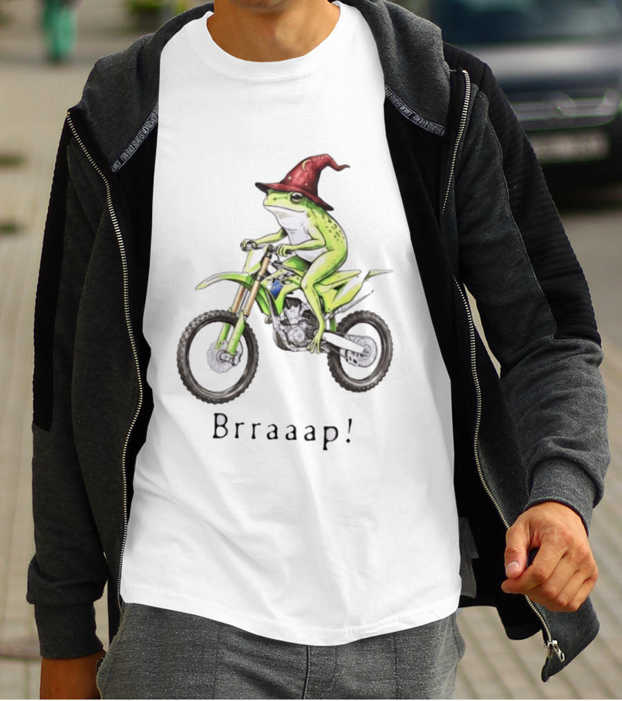 Brraaap Wizard Frog On Green Motocross Bike T-Shirt