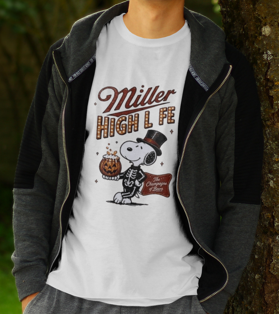 Miller High Life Snoopy Skeleton Halloween The Champagne Of Beers T-Shirt