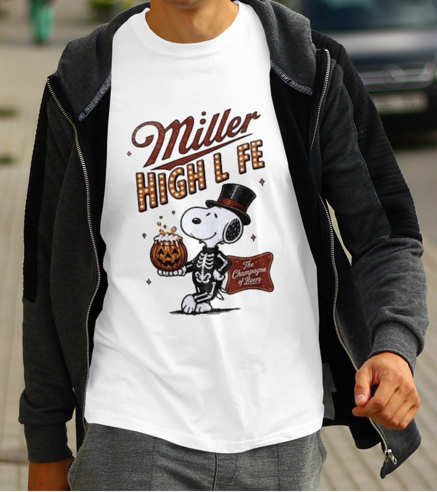 Miller High Life Snoopy Skeleton Halloween The Champagne Of Beers T-Shirt