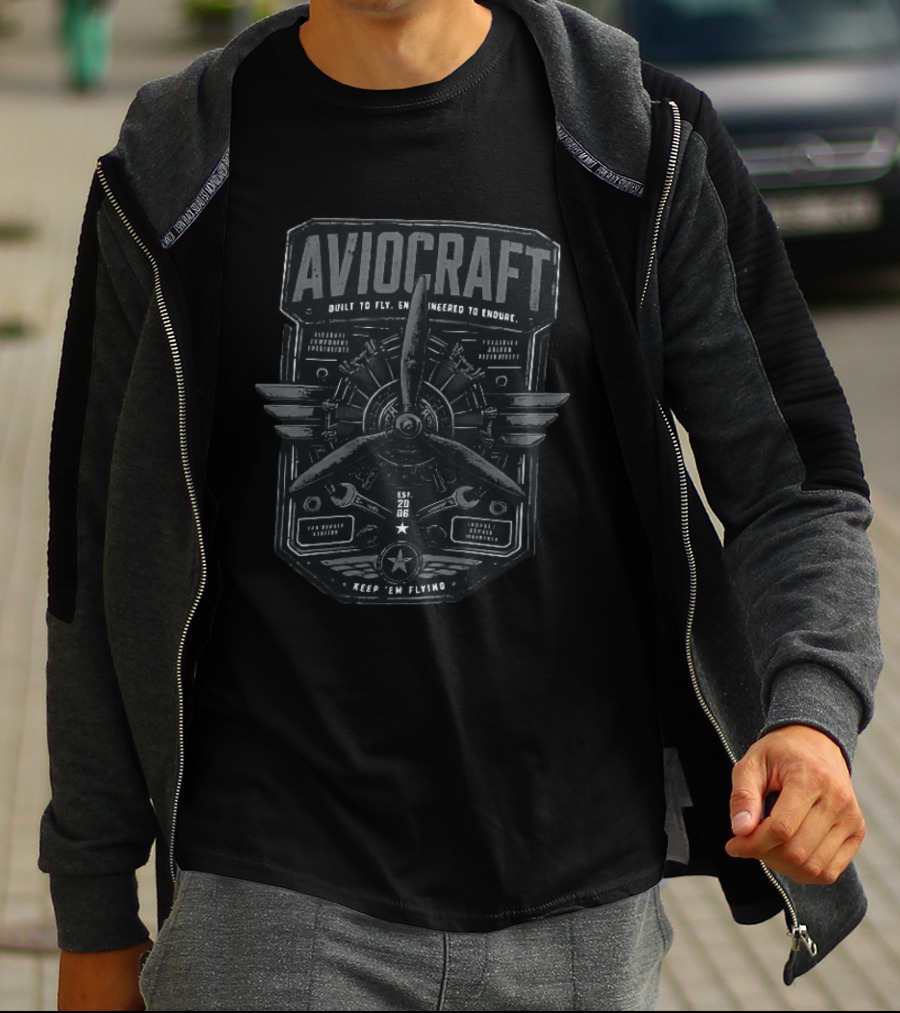 Aviocraft Built To Fly Engineered To Endure Est 20 06 Keep Em Flying Aircraft Aviation Enthusiasts Pilot Mechanic Vintage Motor Propeller Parts T-Shirt
