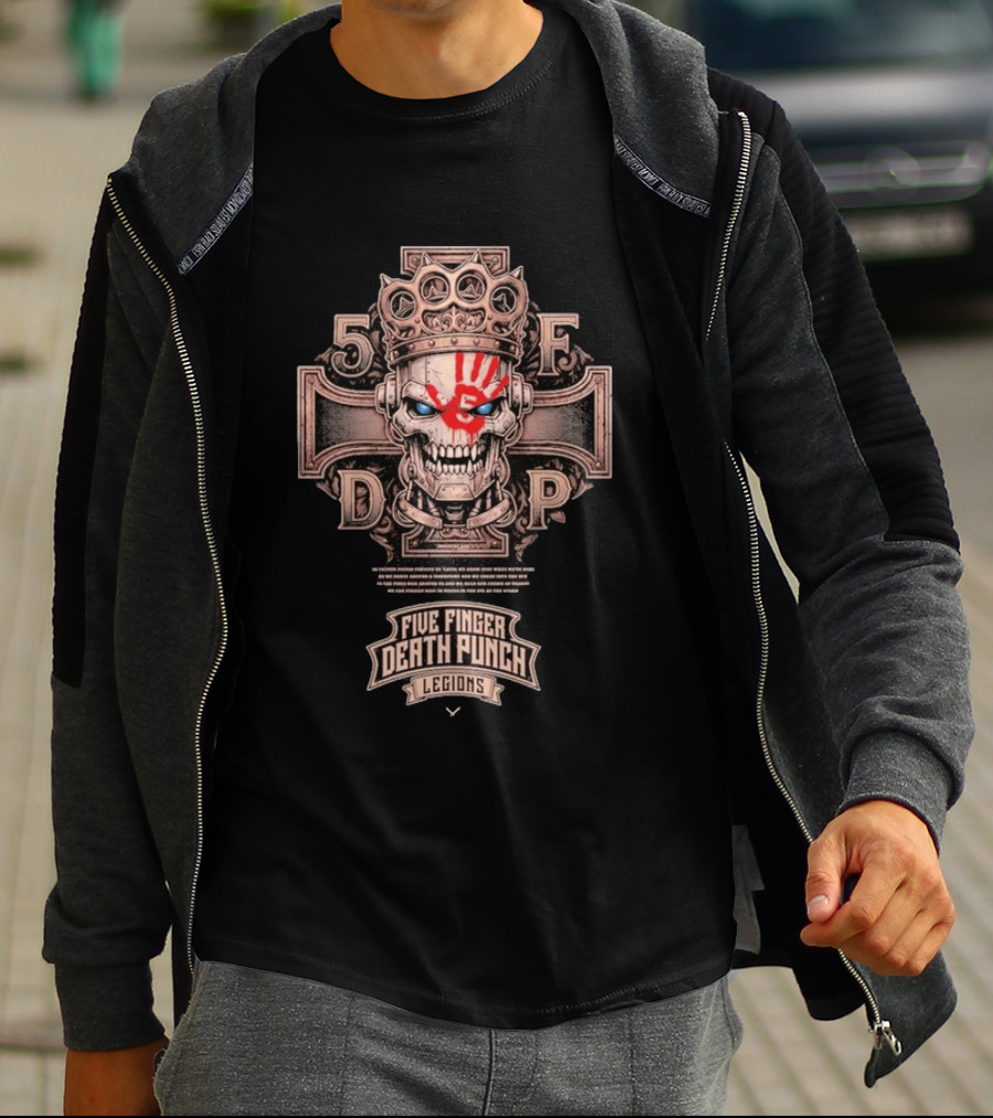 Five Finger Death Punch Legions Skull Crown Handprint Cross T-Shirt