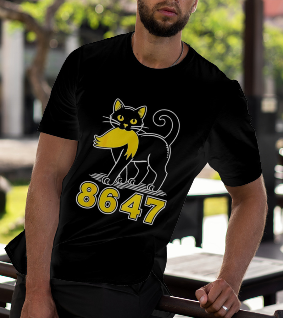 Black Cat 8647 Feline With Yellow Mustache T-Shirt