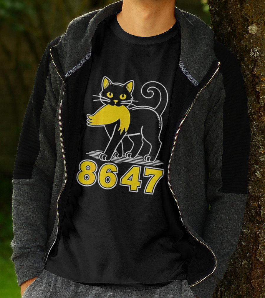 Black Cat 8647 Feline With Yellow Mustache T-Shirt