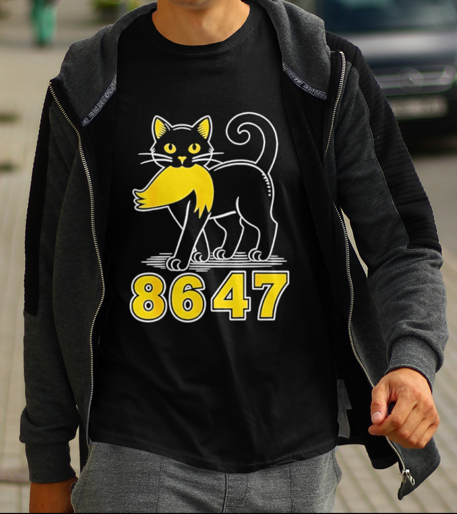 Black Cat 8647 Feline With Yellow Mustache T-Shirt