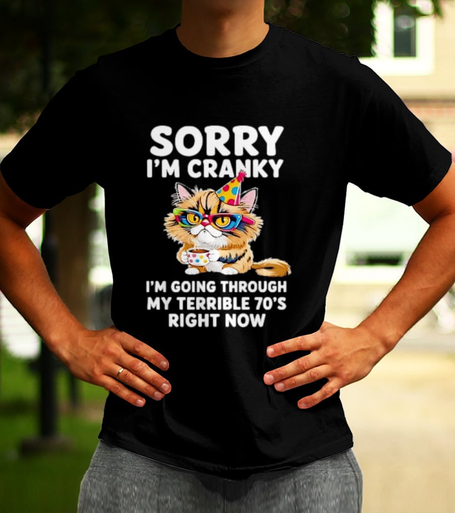 Sorry I'm Cranky Cat Going Through My Terrible 70s Right Now Coffee Party Hat T-Shirt
