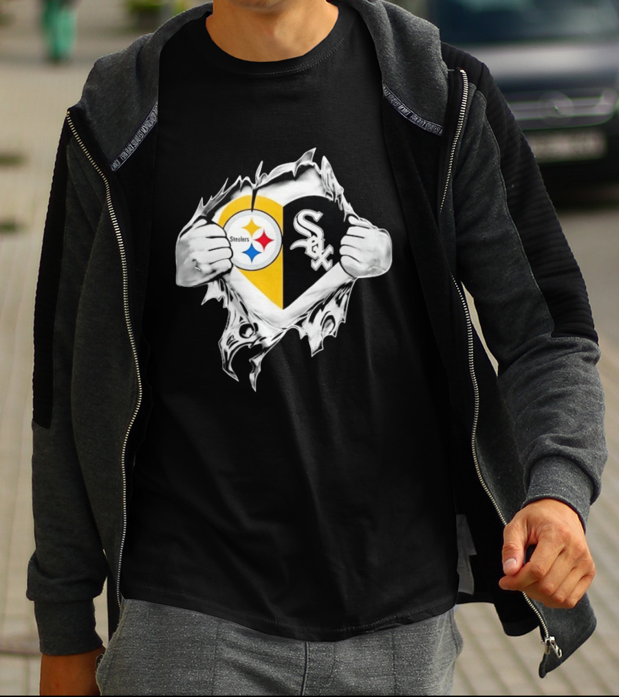 Pittsburgh Steelers Chicago White Sox Heart Superman Chest Rip T-Shirt