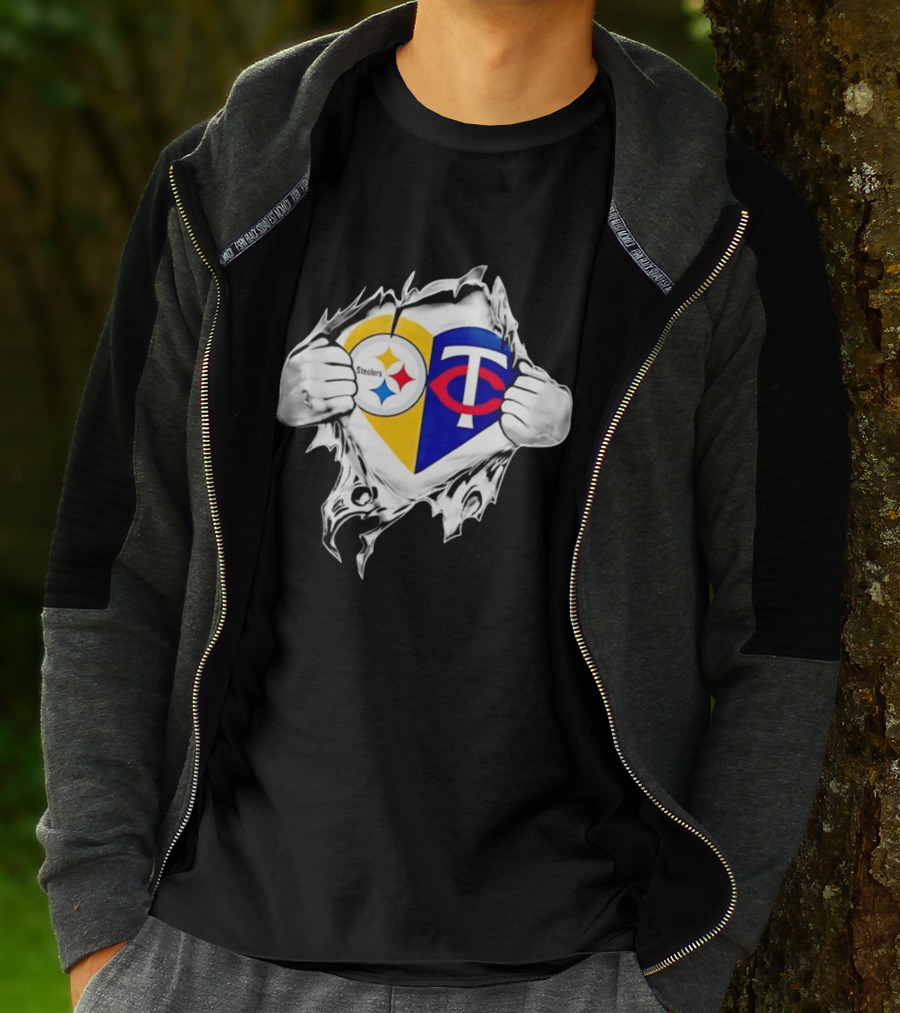 Pittsburgh Steelers Minnesota Twins Heart Superman Chest Rip T-Shirt